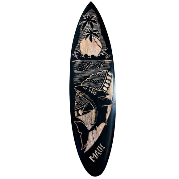 Hawaiian Hand Carved 23" Wood Surfboard MAUI Shark Sunset Palm Trees Turtles - Picture 2 of 8